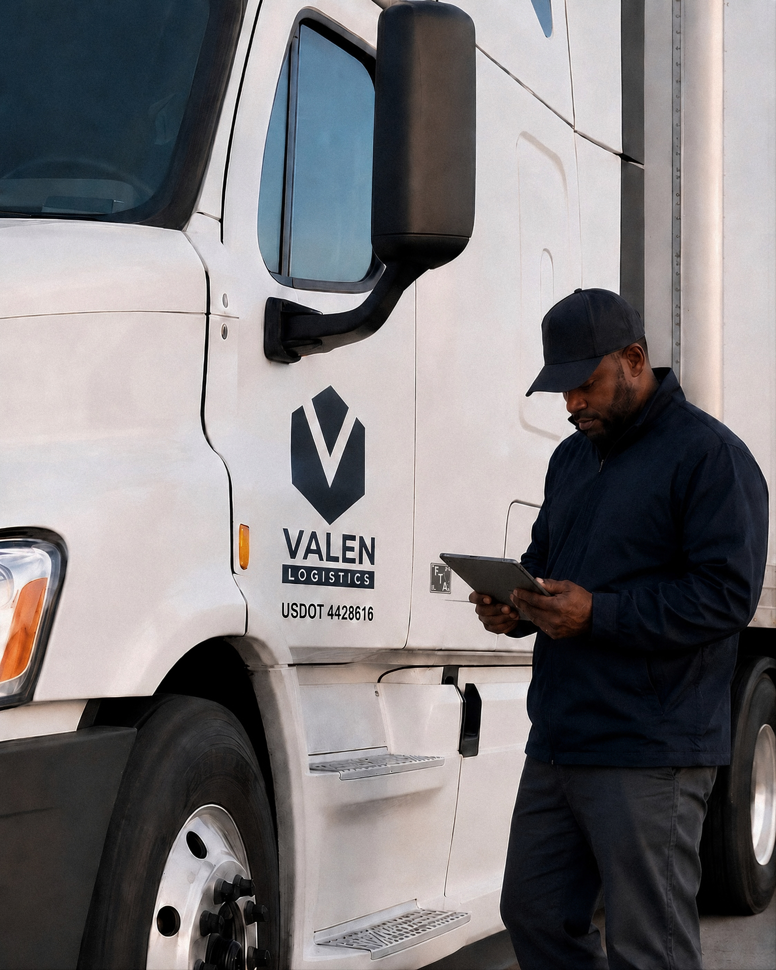 Driver at the wheel of a Valen Logistics dry van